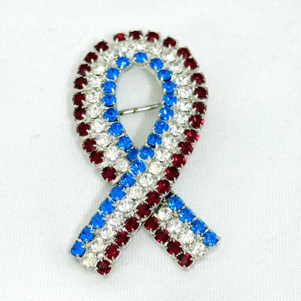 Vintage Red White & Blue Rhinestone Patriotic Awareness Brooch
